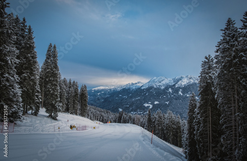 Ski Resort Folgarida - Marilleva in the Val di Sole and Brenta Dolomites, view from Monte Vigo, Pinzolo, Trento Autonomous Province. Trentino Region, Upper Adige, Italy. January 2023