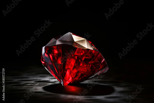 Red diamond is a rare precious natural geological stone on a black background in low key. AI generated.