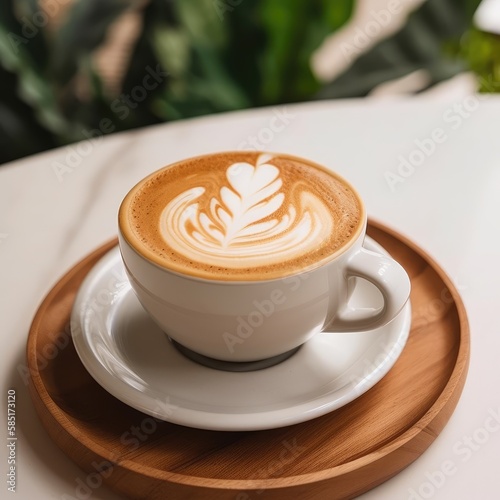Cup of fresh hot cappuccino on cafe table