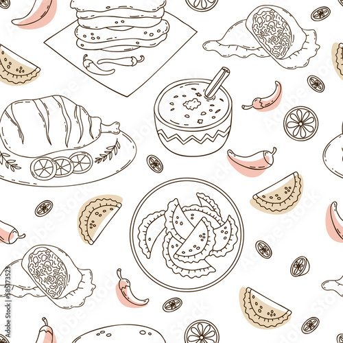 Seamless pattern with Mexican Empanadas, tortillas with chili peppers, grilled meat and rice pudding with cinnamon stick on white background. Vector illustration latin american food in doodle style.