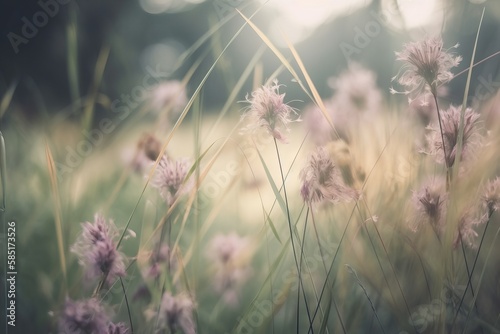  a bunch of purple flowers in a field of grass with the sun shining through the trees in the background and a blurry photo of the grass in the foreground.  generative ai