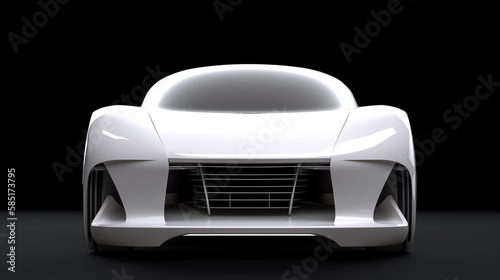 Front view of white futuristic electric car, electric fast super car, isolated on dark background, concept of futuristic car. Generative AI