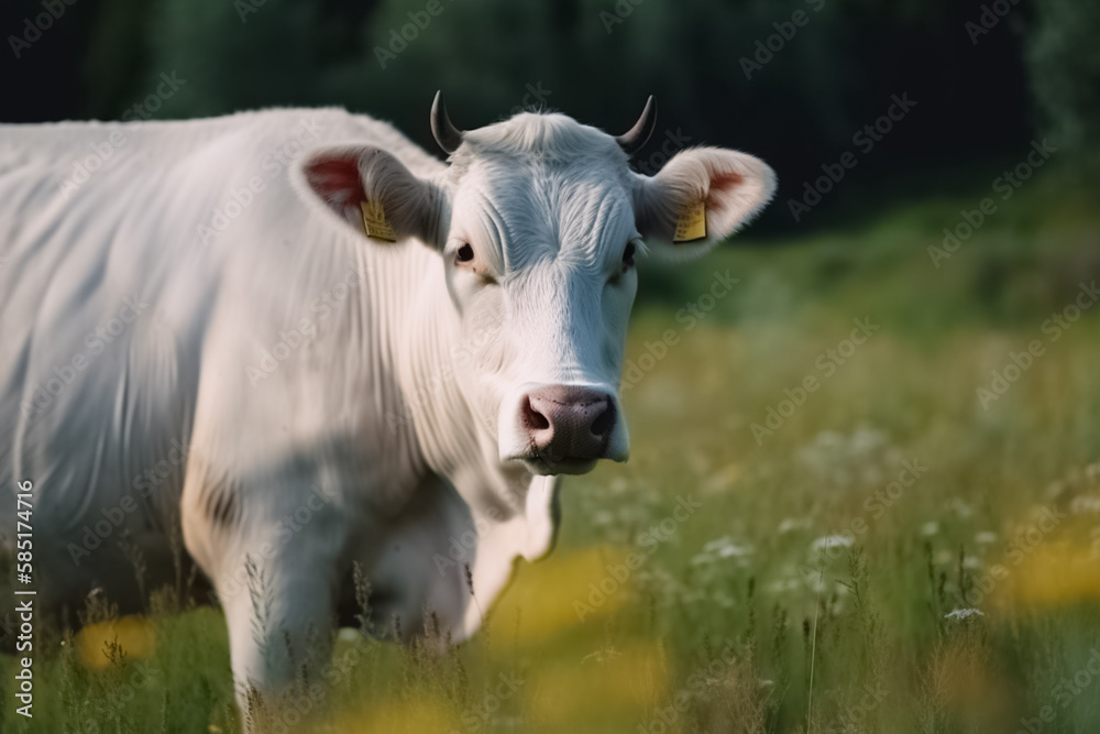 Cow grazes in a meadow and eats grass, animal and pet, illustration. Generative AI. Livestock, cattle breeding, agriculture and farm, dairy and milk, image