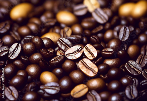 A close up of coffee beans with the word coffee on it.  Generative ai