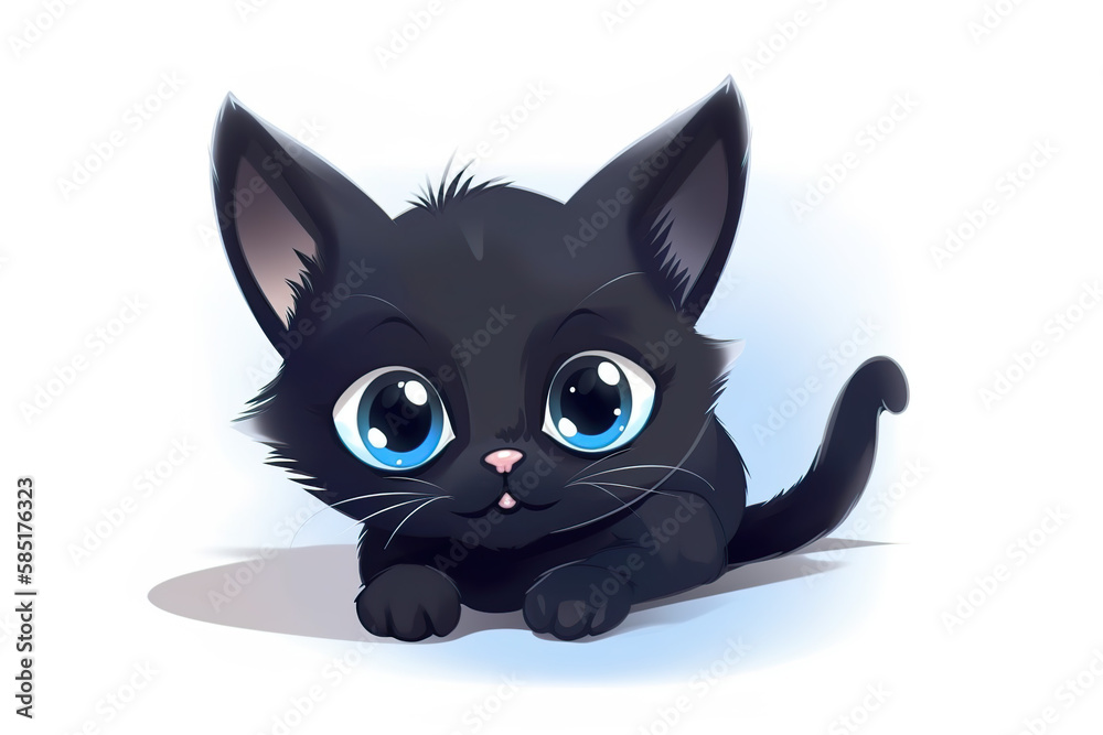 Black kitten, beautiful blue eyes, white background (generative AI)