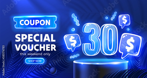 Coupon special voucher 30 dollar, Neon banner special offer. Vector illustration