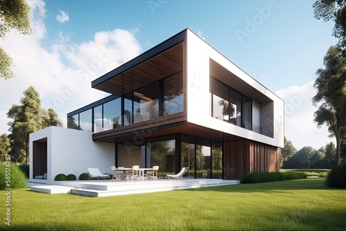 Very modern house with garden in front. Sunny day. Green lawn and trees. High quality generative AI © MVProductions