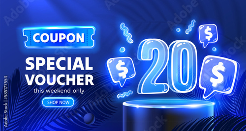Coupon special voucher 20 dollar, Neon banner special offer. Vector illustration