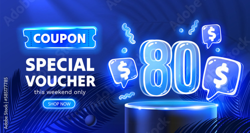 Coupon special voucher 80 dollar, Neon banner special offer. Vector illustration