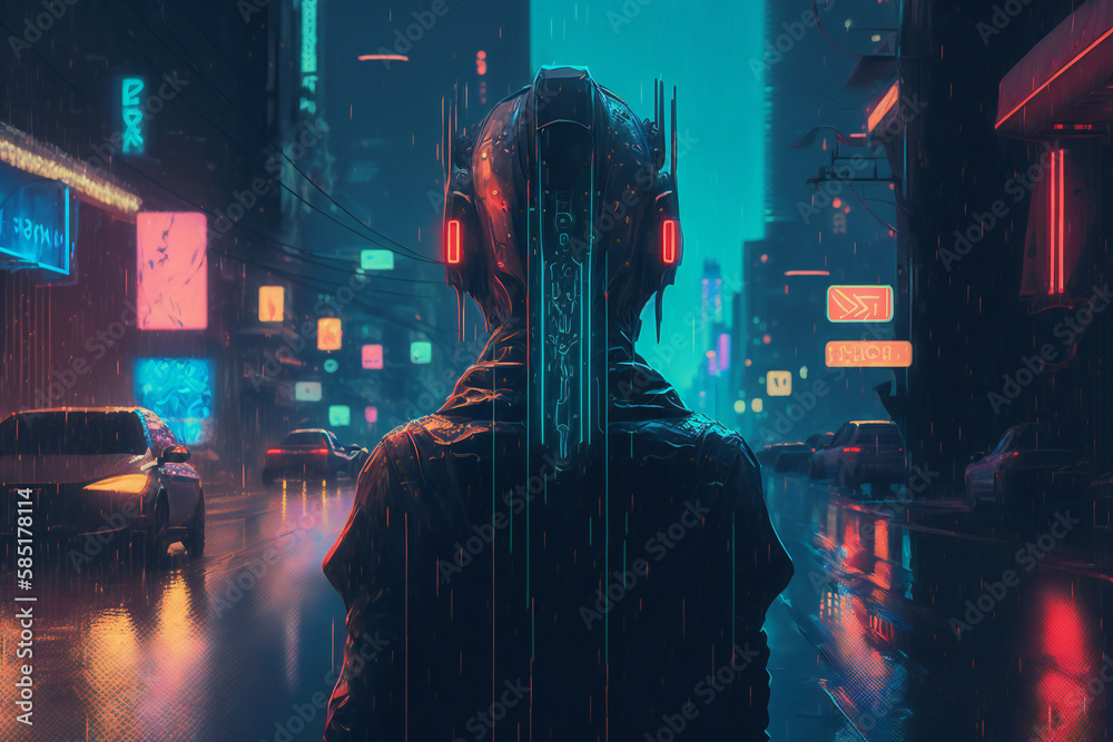 Obraz premium Night city alleyway cyberpunk scene with cyborg. Neon lights in the night city, a modern metropolis and humanoid robot in the future. AI generated illustration