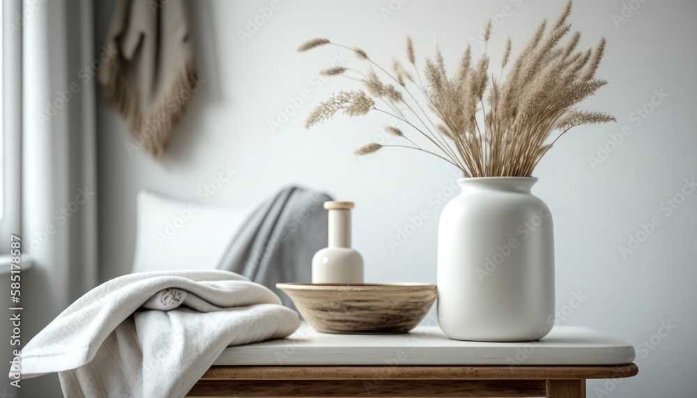 therapy modern white ceramic vase with dry lagurus ovatus spa still life with candles, copy space empty, relaxing calm meditation mind, rustic old vintage interior, generative ai therapy modern white ceramic vase with dry lagurus ovatus spa still life with candles, copy space empty, relaxing calm meditation mind, rustic old vintage interior, generative ai