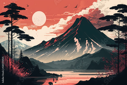 Mountain landscape illustration made in the traditional Japanese style. High mountain in the clouds  tall trees. AI generated illustration