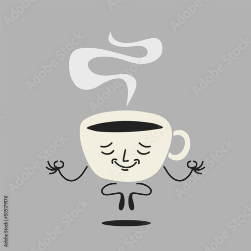 Cute coffee cup cartoon meditate in lotus yoga pose. Vector illustrattion.