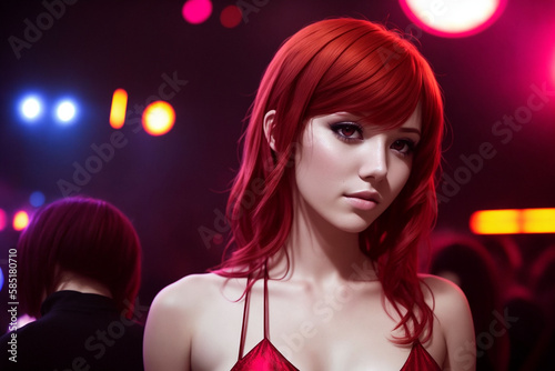 Beautiful sexy girl in a tight shiny dress in a nightclub, Generative AI © Natika