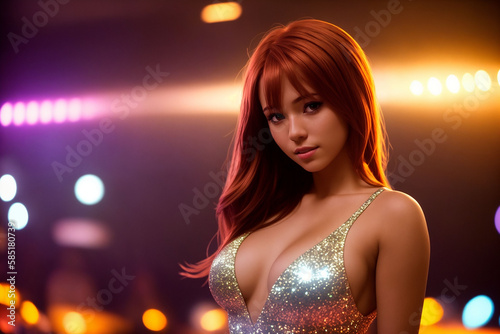 Beautiful sexy girl in a tight shiny dress in a nightclub, Generative AI