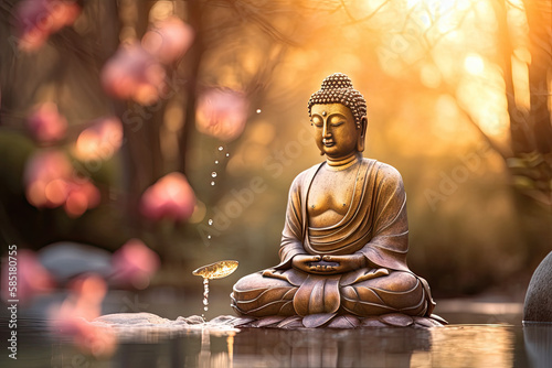Buddha statue in Zen Garden Mediation, generative AI