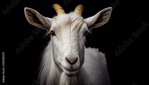 Portrait of a white goat closeup on a black background. Generative Ai.