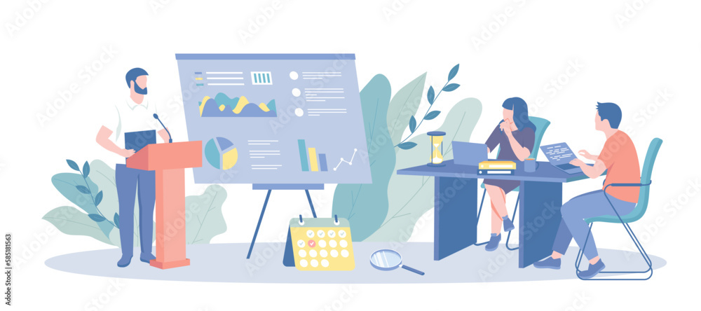 Financial Report. Analyzing charts, balance, income statement, business data. Business analyst speaks to the team with a report. Vector illustration with character situation for web.