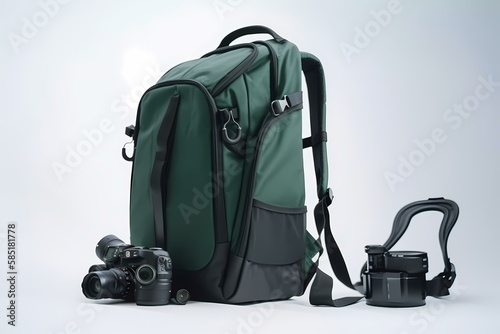 ﻿A green backpack with a camera - Generative AI