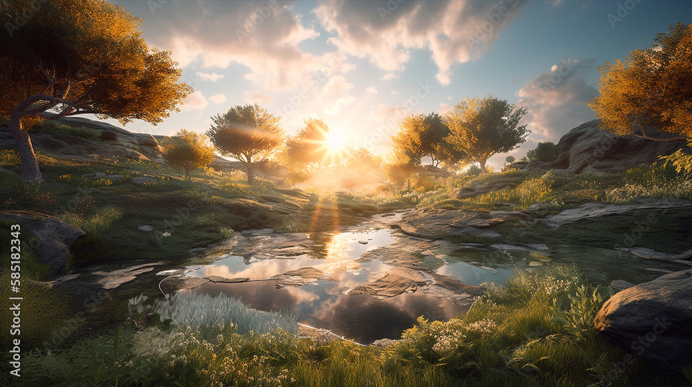 A refreshing and invigorating landscape with a springtime sunrise v3. Generative AI. A refreshing and invigorating landscape with a springtime sunrise v3. Generative AI.