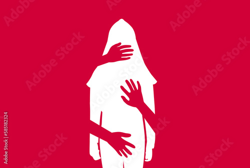 Silhouette of woman, harassment vector illustration. hands of man touching hijab women. Violence against women, Workplace bullying concept. flat concept, text, blue, white, victim, sexual, rape
