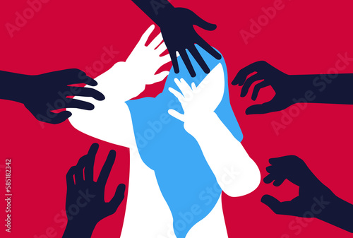 Silhouette of woman, harassment vector illustration. hands of man touching hijab women. Violence against women, Workplace bullying concept. flat concept, text, blue, white, victim, sexual, rape