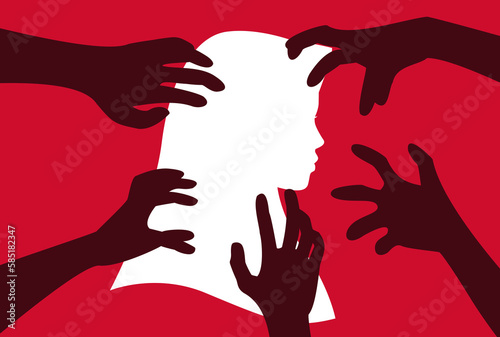 Silhouette of woman, harassment vector illustration. hands of man touching hijab women. Violence against women, Workplace bullying concept. flat concept, text, blue, white, victim, sexual, rape