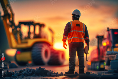 A pastel-hued sunset frames the commanding figure of an engineer, ensuring safety and coordination for construction crews on elevated terrain