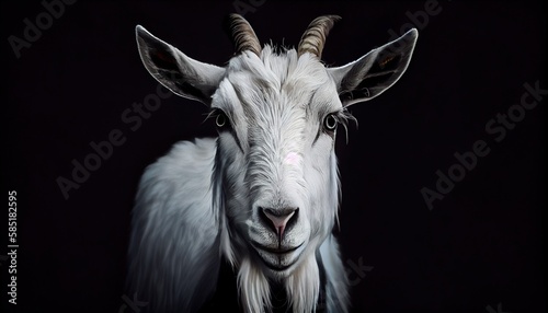 Portrait of a white goat closeup on a black background. Generative Ai.