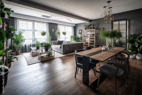 Open, fashionable living and dining area with a sofa and a dining table. Room with lots of plants, dark wooden parquet, and lots of natural light. Generative AI © MVProductions