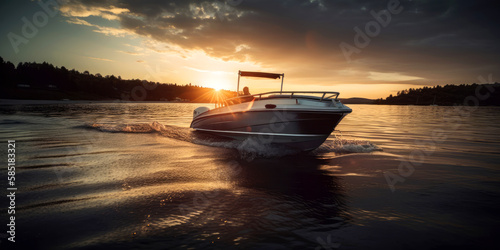 Vászonkép Swiming motorboat yacht sunset on lake