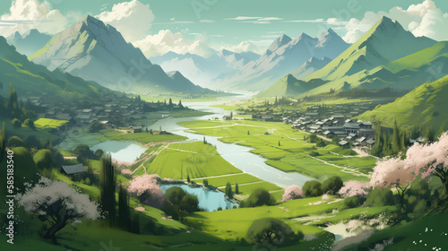 Springtime Serenity  A Wallpaper Capturing Mountains  Blossoms  and Village Charm  Generative AI