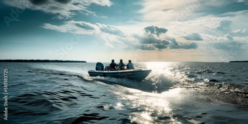 Pontoon motor boat yacht sunset on sea