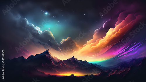 Sunset Fantasy Backdrop, colorful clouds, clean art, perfect Background / Wallpaper, generative ai