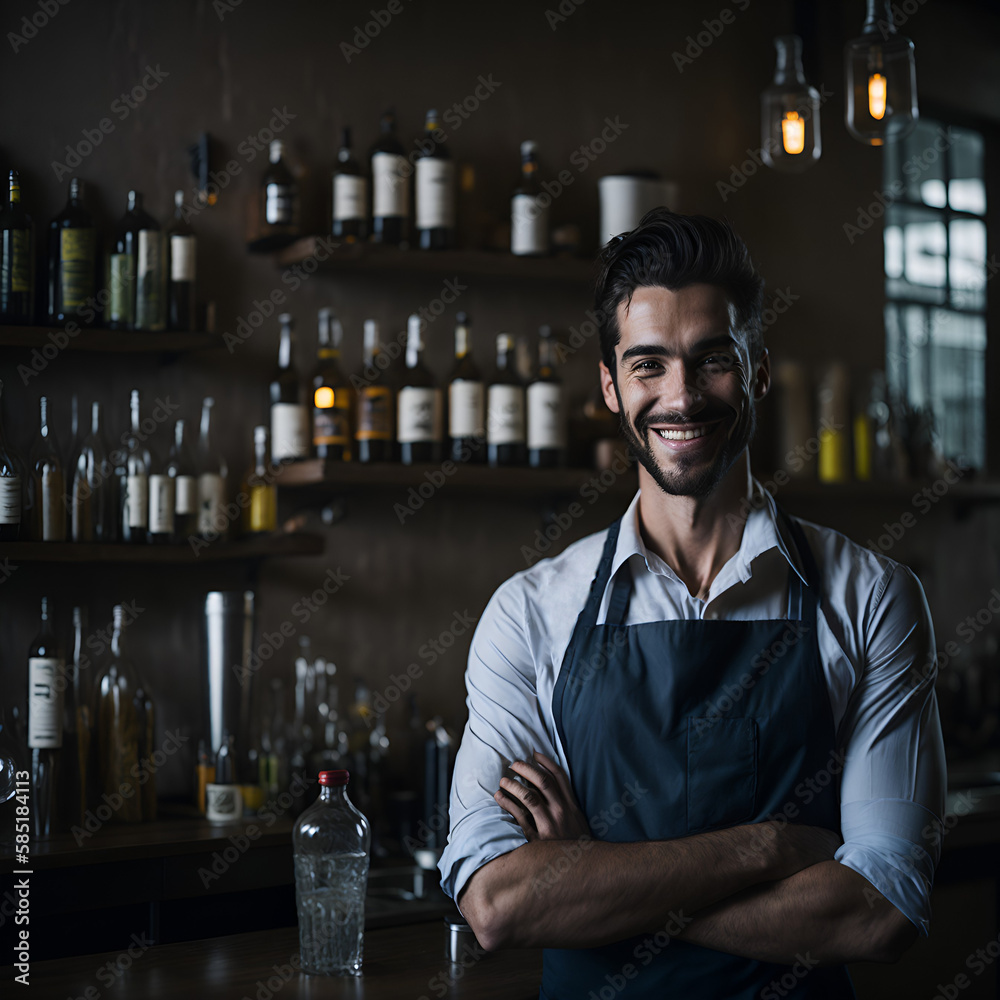 Portrait of a 30 year old caucasian barman at pub. Adult man working as barman and smiling at camera. Generative AI