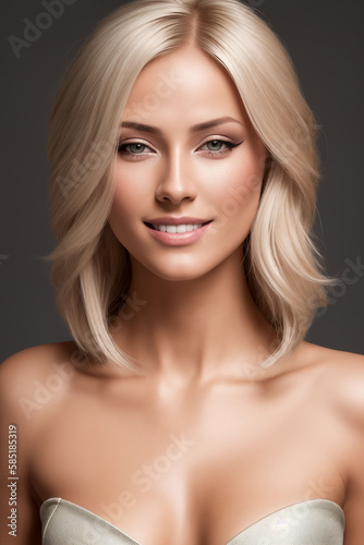 Beautiful woman studio portrait, girl looks directly into the camera , Generative AI