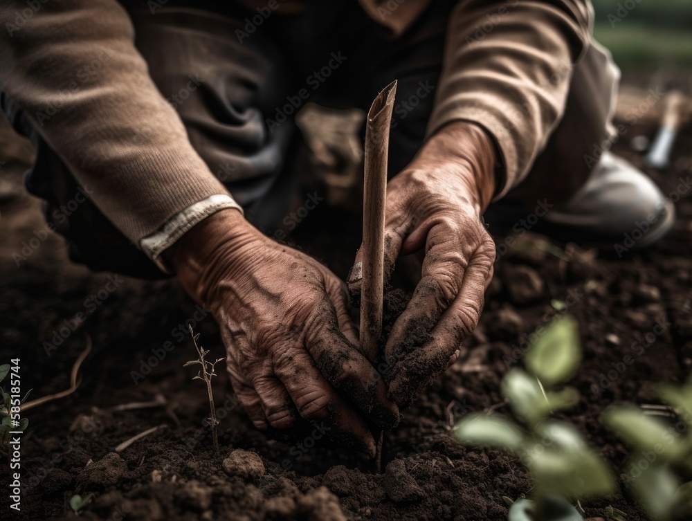 A close-up of a person's hands planting a small tree in rich, fertile soil, with gardening tools nearby. The image represents environmental conservation, growth, and sustainable living.