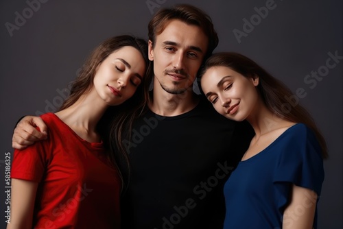 Polyamorous people, Smiling bisexual women posing living in a Polyamorous relationship with a man posing on gray background. Generative AI photo