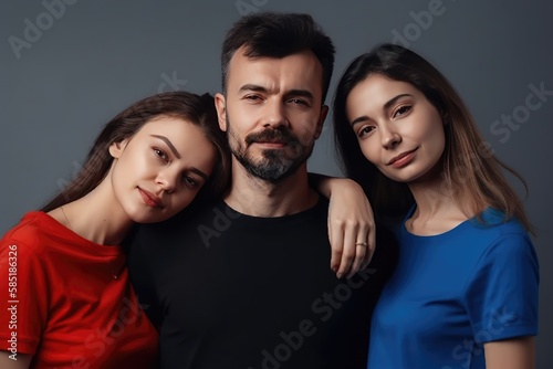 Polyamorous people, Smiling bisexual women posing living in a Polyamorous relationship with a man posing on gray background. Generative AI photo