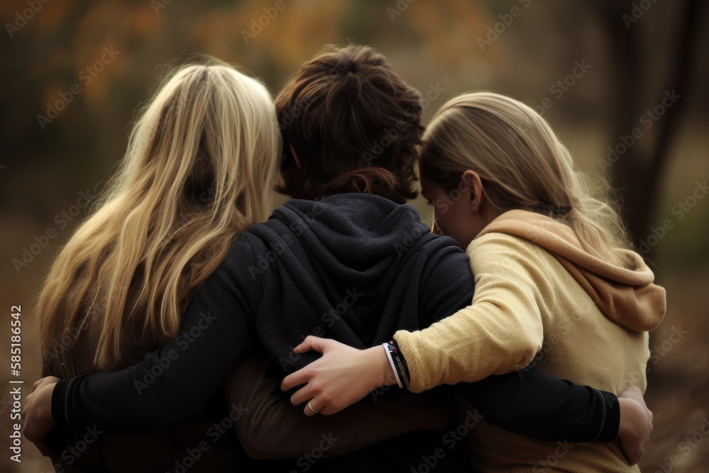 Fototapeta premium Polyamorous people, Smiling bisexual women walking with their boyfriend living in a Polyamorous relationship at a park. Generative AI