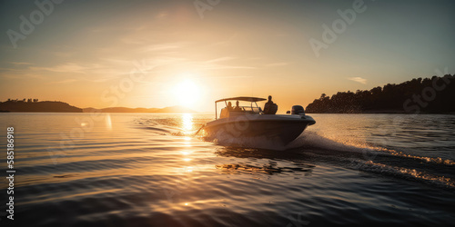 Motor boat sunset on sea