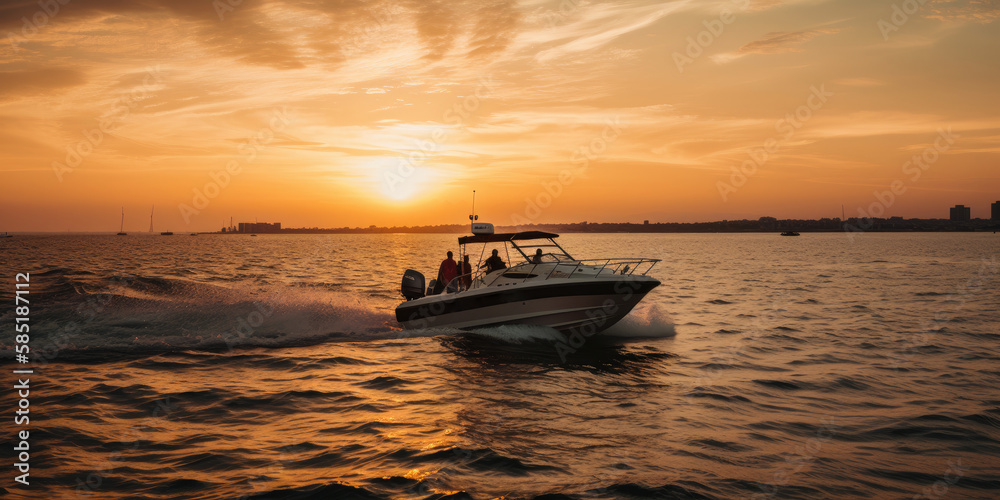 Motorboat yacht sunset on sea bay