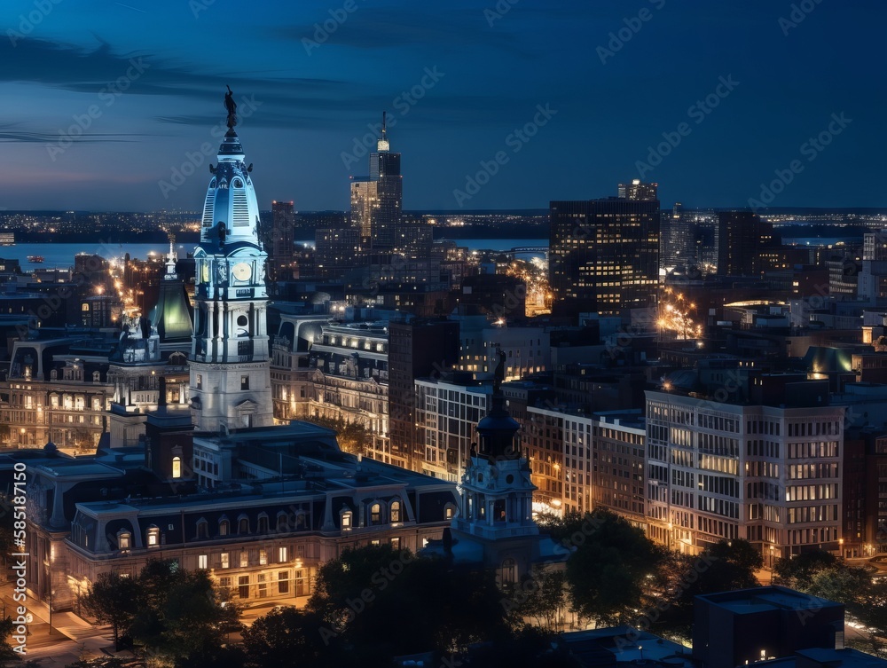 A panoramic cityscape during twilight, showcasing the illuminated skyline, with a mix of historic and modern architecture. The scene captures the urban atmosphere and vibrant energy of the city.