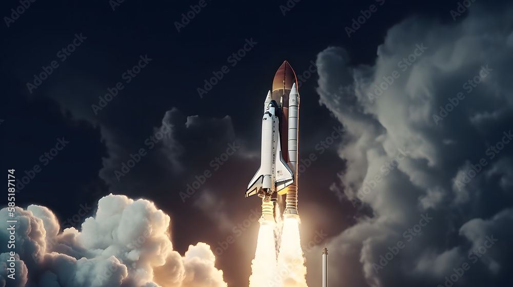 Spaceship takes off into the night sky. Rocket launch with enormous smoke cloud. Space shuttle taking off to space Spaceship takes off into the night sky. Rocket launch with enormous smoke cloud. Space shuttle taking off to space