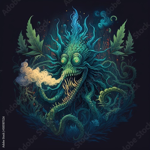 Lovecraftian marijuana monster, with herbal leaves. Funny illustration of cannabis dream. Generative AI © Snowboy