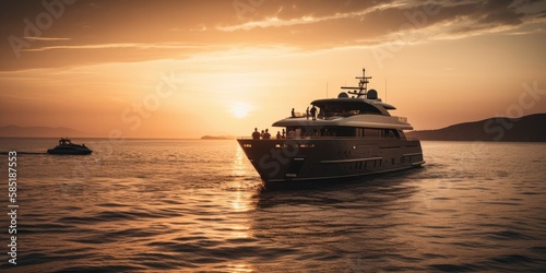 Exclusive motorboat yacht sunset on sea © noeh