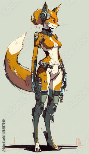 Sketch art of a futuristic foxy lady character wearing whte and yellow uniform, concept art. Generative ai