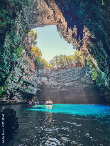 Sun inside the Melissani cave, Kefalonia Island, Greece