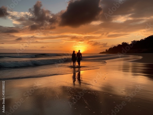 A couple enjoying a romantic sunset on a tropical beach, with their feet in the water and holding hands. The image conveys love, connection, and the beauty of shared experiences.