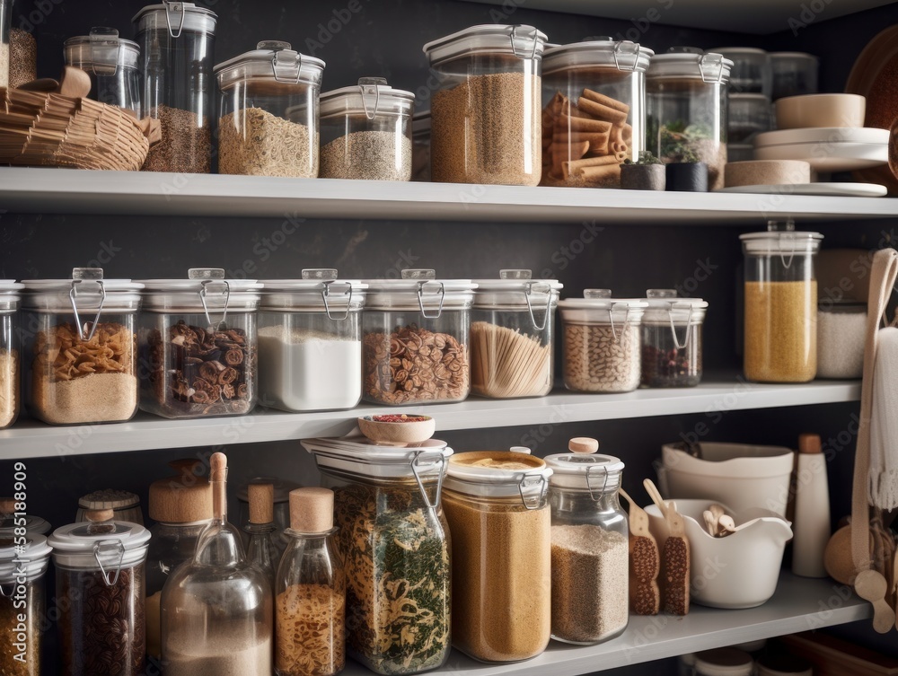 An organized, wellstocked home pantry, with various food items sorted